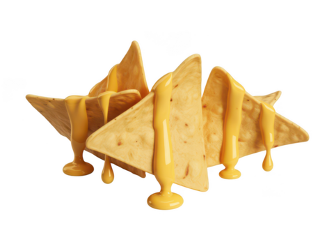 Crispy tortilla chips covered in melted cheese isolated on transparent background