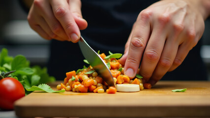 An image of a chef's hands preparing ingredients, with a focus on the textures, colors, and the skillful use of kitchen tools.