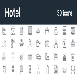 Hotel amenity icons showcasing travel, tourism, and resort services in a modern, minimalist style for website design and mobile apps