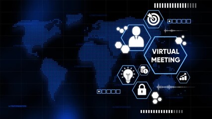 Animated digital interface displaying a global network and virtual meeting concepts - Powered by Adobe