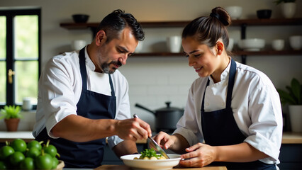 An image of a chef mentoring or teaching a young cook, representing the passing down of culinary knowledge and skills.