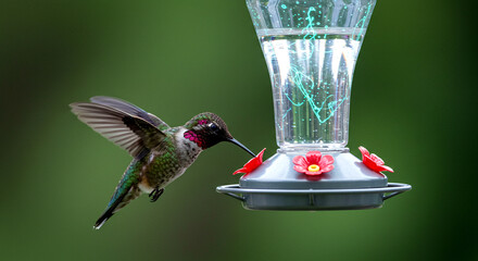 Hummingbird in Mid-Flight Approaching Vibrant Feeder With Red and Yellow Flower-Shaped Ports