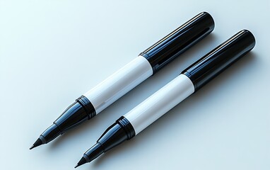 A pair of black felt-tip pens with fine points, minimalist office and school supplies on a white desk background.