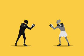 Businessman fighting against business woman, punching (hitting) with boxing glove. concept of Battle of the sexes, gender inequality fight back