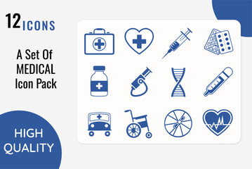 Twelve High Quality Medical Icons Representing Healthcare Science and Emergency Services in Blue