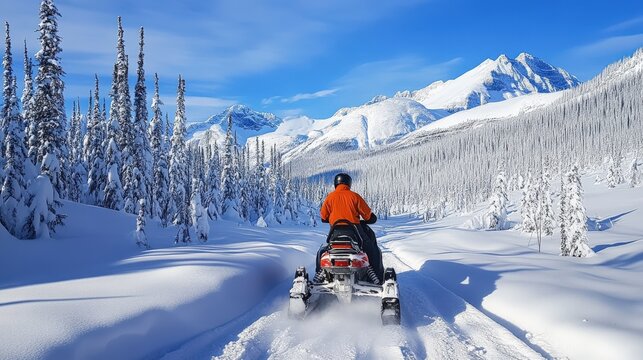 Snowmobile travels through snowy forest landscape.