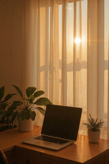 Fototapeta premium Laptop on a wooden desk near a sunny window with curtains