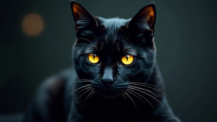 A stylized portrait of a black cat with glowing yellow eyes, emphasizing its sleek form and mysterious nature.
