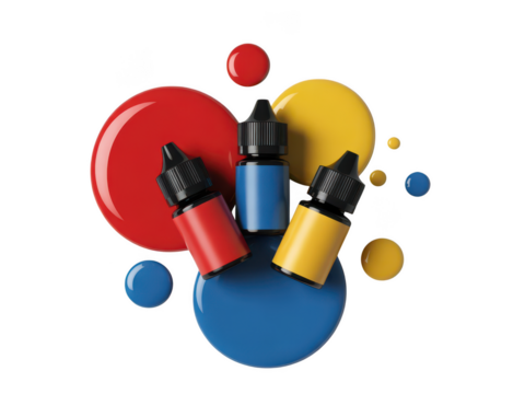 Three dropper bottles with primary colors of paint isolated on transparent background