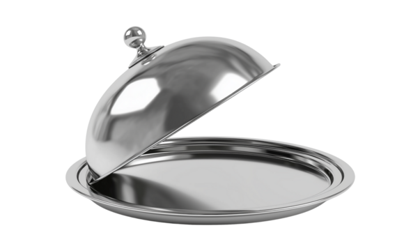 Silver serving cloche raised above empty golden plate, transparent background, cut out