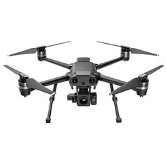 Silver drone with four propellers hovering in the air for aerial photography and videography with advanced technology isolated on transparent background