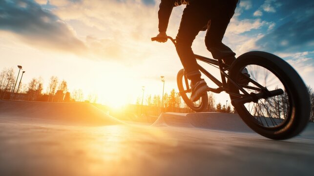 BMX rider performing tricks at sunset in a skate park, with trees and clouds in the background - Powered by Adobe