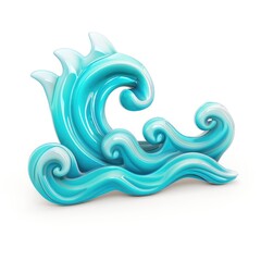 Fototapeta premium A stylized, turquoise-blue wave sculpture, glossy and smooth, with swirling, cresting forms against a white background. The wave is abstract and shows movement and fluidity