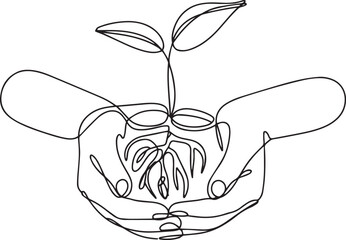 Continuous one line drawing of hands gently holding a seedling with roots and leaves organically entwined, symbolizing growth and care

