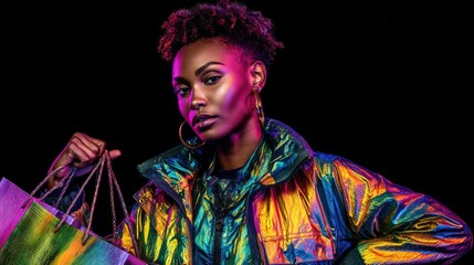 Obraz premium Woman holding shopping bags in vibrant iridescent clothing