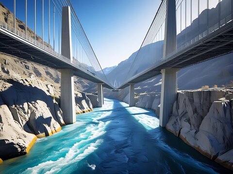 Modern suspension bridge spanning a turquoise river through a mountain gorge - Powered by Adobe