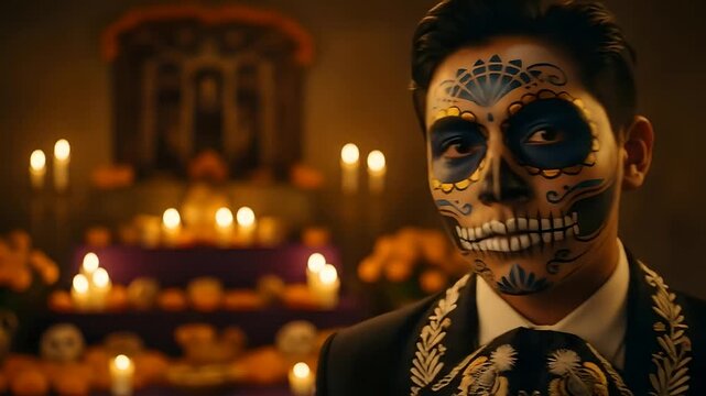 Day of the Dead portrait with sugar skull face paint. Man in traditional suit by ofrenda altar with candles. Perfect for cultural celebrations, traditions, Halloween, remembrance themes.