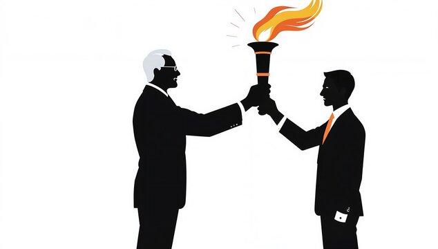 Corporate mentoring senior figure passing torch to junior, silhouette style