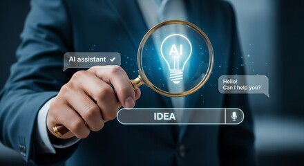 Obraz premium A businessman holding a magnifying glass over a lightbulb with 'AI' inside, next to a search bar for an 'IDEA' with an AI assistant chat.