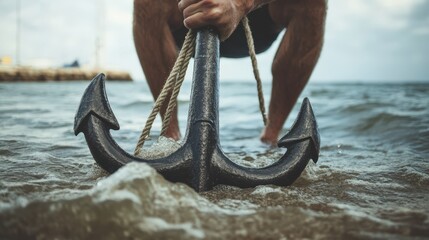 A dark anchor is held in shallow water.