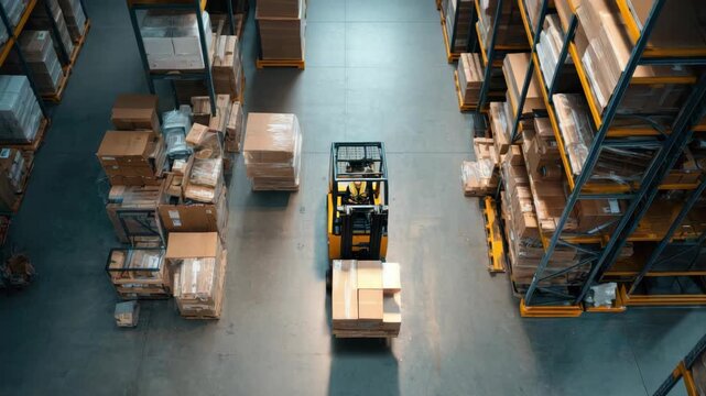 An overhead view shows a forklift carrying boxes through a narrow aisle of a bustling warehouse filled with tall shelves of inventory