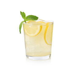 Tasty cocktail with lemon slices and mint in glass isolated on white