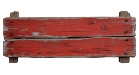 A rustic, red wooden sign with weathered wood and peeling paint, isolated on a transparent background in PNG format.