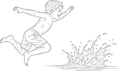 Fototapeta premium Boy jumping into water with splash, outline illustration, summer fun