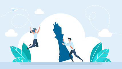 Businessman pushing king until kick falls down. Business concept. People beat black king chess. Business men on chess board pushing chess king to fall down. Flat design. Vector illustration