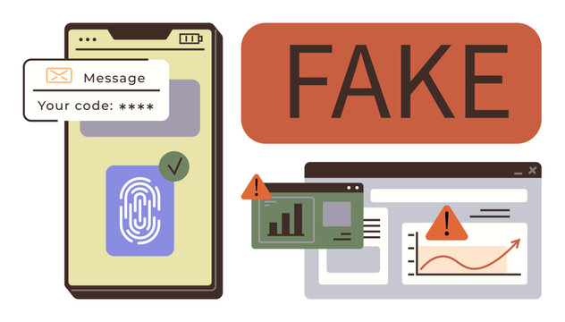 Mobile phone with fingerprint security, warning alerts on screens, and FAKE label. Ideal for cybersecurity, online safety, fraud prevention, scam detection, phishing awareness, secure authentication
