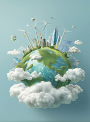 Creative poster design of Earth with clouds, wind turbines, and solar panels, symbolizing sustainable energy and environmental conservation. scene is vibrant and imaginative