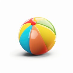 A vibrant, multi-colored beach ball, seemingly made of glossy plastic, rests on a white background, casting a subtle shadow
