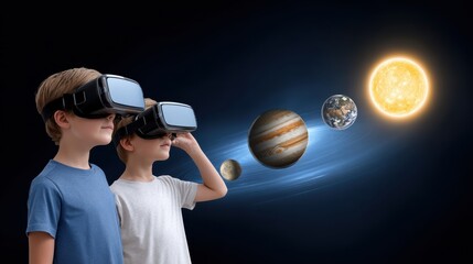 Two children wearing VR headsets explore a virtual solar system, showcasing planets and the sun in a cosmic journey.