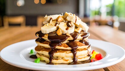 Delicious Chocolate Drizzled Pancakes with Banana and Hazelnuts