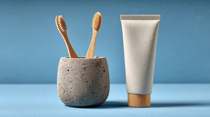 Eco friendly bathroom essentials with two bamboo toothbrushes in a speckled stone holder and white mockup toothpaste tube without labels on a blue background