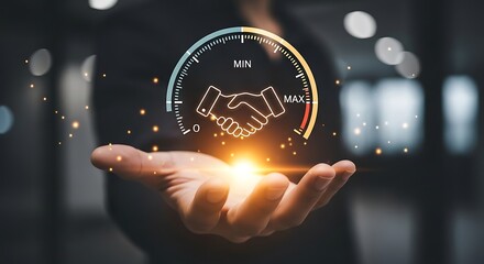 Businessman presents a handshake icon on a dashboard, symbolizing successful business deals and partnerships