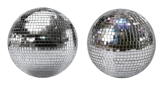 Silver disco mirror ball on transparent background, cut out.