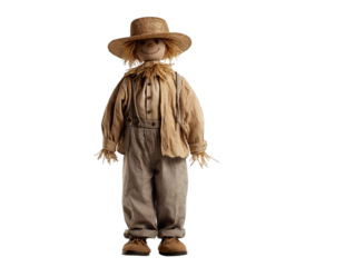 A cute scarecrow doll made of straw, isolated on a transparent background in PNG format.