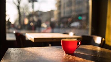 A steaming cup of coffee on a cafe table, warmed by morning sunlight.