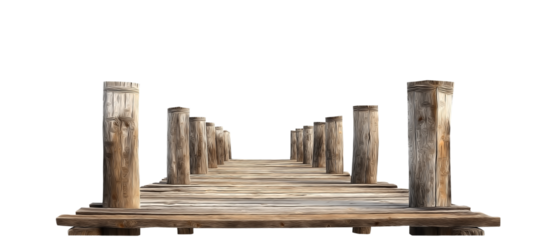 Weathered wooden pier on transparent background, cut out