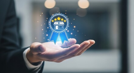 Hand offering a glowing quality guarantee badge, symbolizing excellence and customer satisfaction