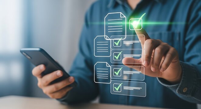 Person using smartphone with document checklist for approval, compliance and quality control