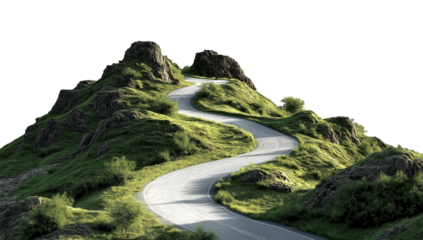 Curvy mountain road with greenery, transparent background, cut out