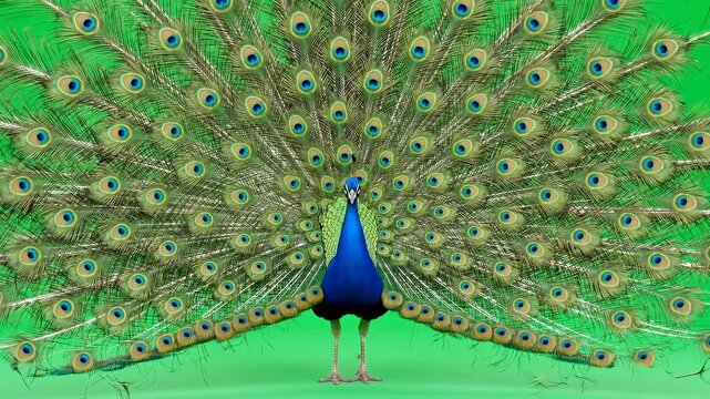 Majestic peacock struts confidently against vibrant green screen, poised for vibrant wildlife documentary or nature film sequence