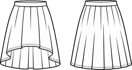 Cad drawing flat vector illustration, high-low skirt design, pleated skirt style, fashion sketch, garment template, apparel flat, sewing pattern**