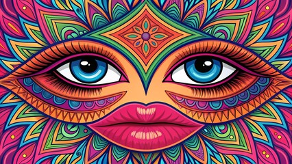 Vibrant abstract eyes and lips with colorful mandala patterns