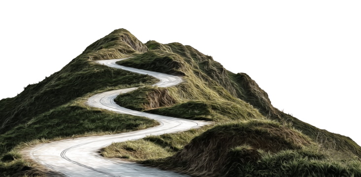 Curvy mountain road with greenery, transparent background, cut out