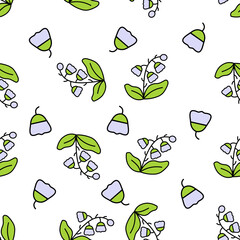 Seamless lavender floral pattern with delicate bell flowers and green leaves on a white background. Perfect for kids’ prints, wrapping paper, and nursery decor.