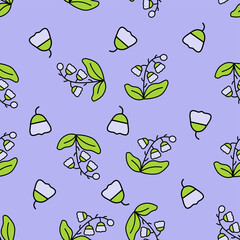 Seamless lavender floral pattern with delicate bell flowers and green leaves on a soft pastel purple background. Ideal for kids’ prints, wrapping paper, and nursery decor.