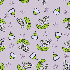 Seamless floral pattern with lavender bell flowers and green leaves on soft purple background. Ideal for spring textiles, gift wrap, nursery prints, and botanical-themed designs.